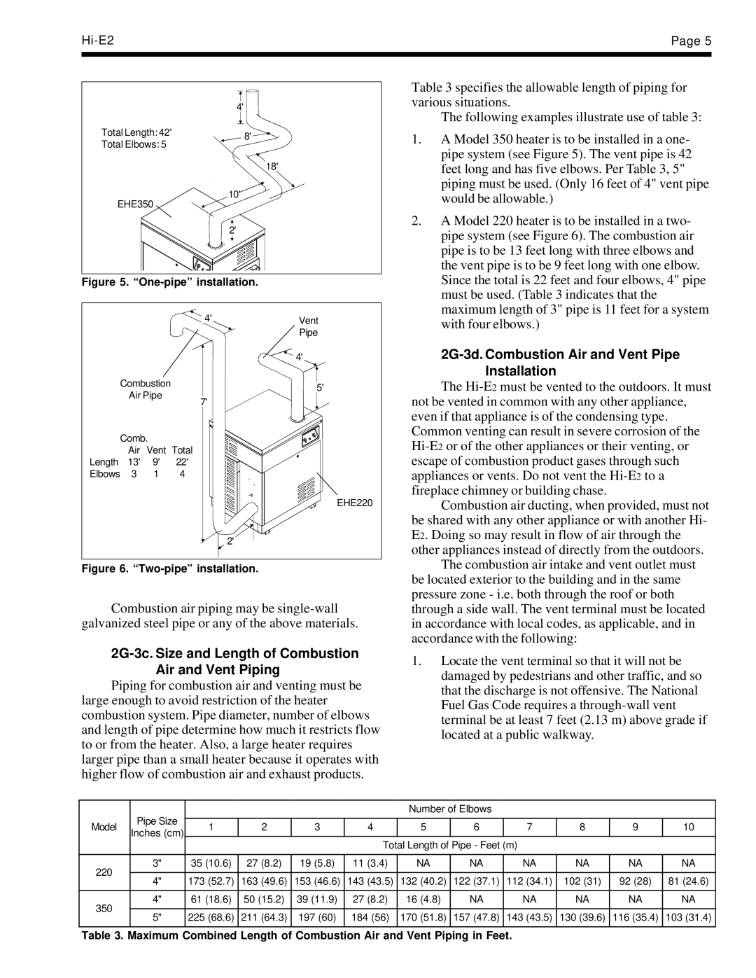 Teledyne EHE 2G-3d. Combustion Air and Vent Pipe, Installation, 2G-3c. Size and Length of Combustion Air and Vent Piping 