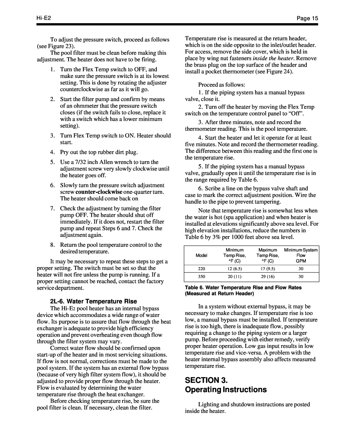 Teledyne EHE warranty SECTION Operating Instructions, 2L-6.Water Temperature Rise 