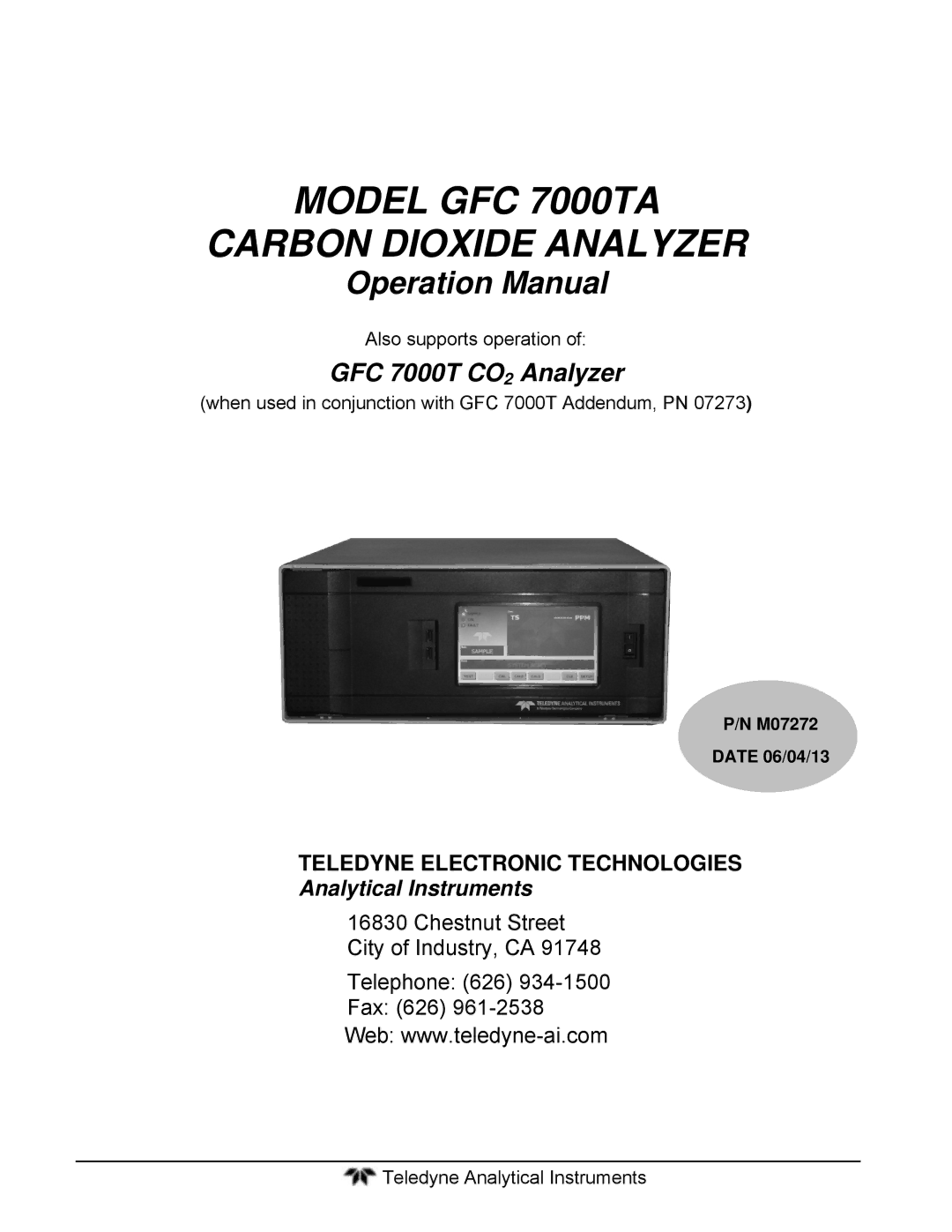 Teledyne gfc 7000ta operation manual Model GFC 7000TA Carbon Dioxide Analyzer 