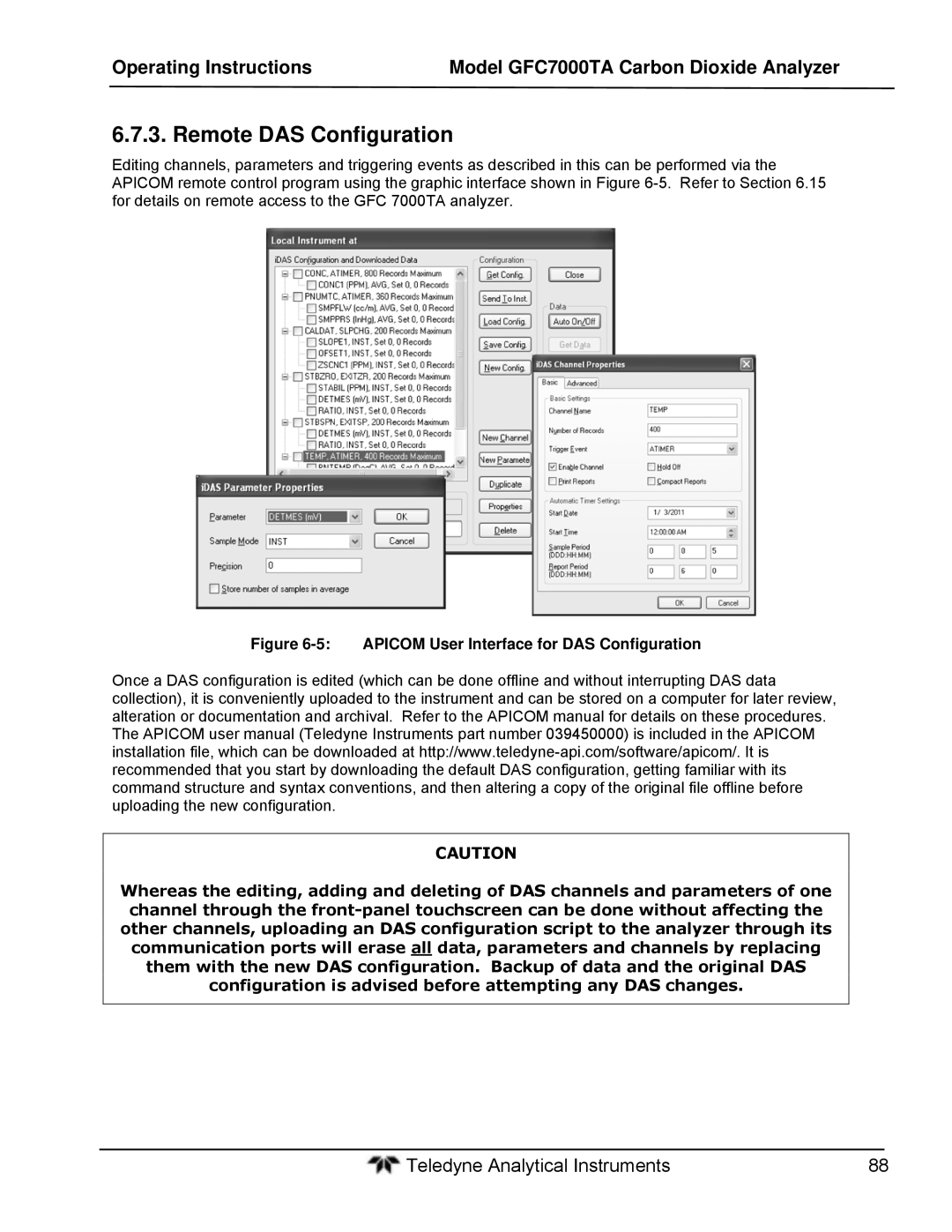 Teledyne gfc 7000ta operation manual Remote DAS Configuration, Apicom User Interface for DAS Configuration 