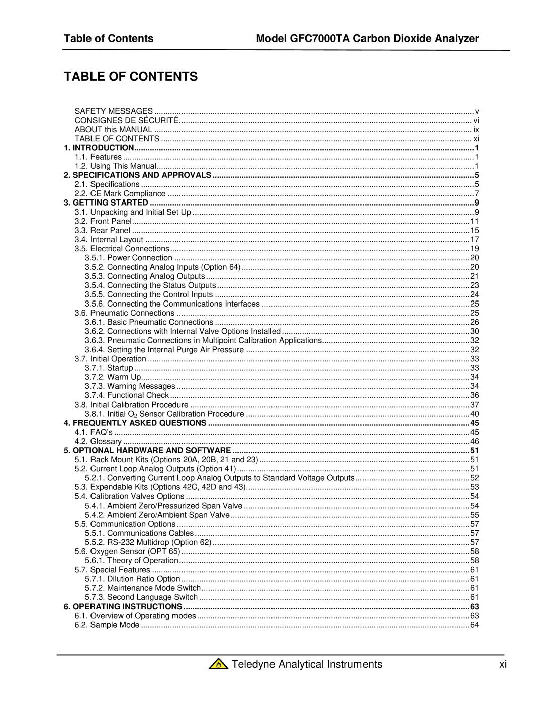 Teledyne gfc 7000ta operation manual Table of Contents 