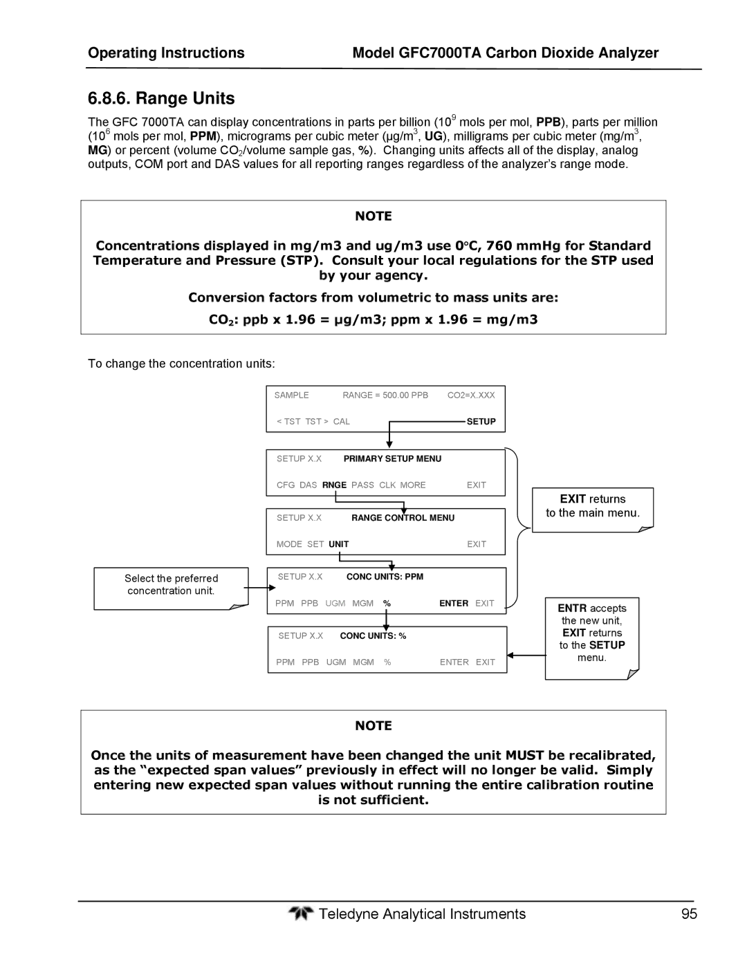 Teledyne gfc 7000ta operation manual Range Units, To change the concentration units, Exit returns To the main menu 