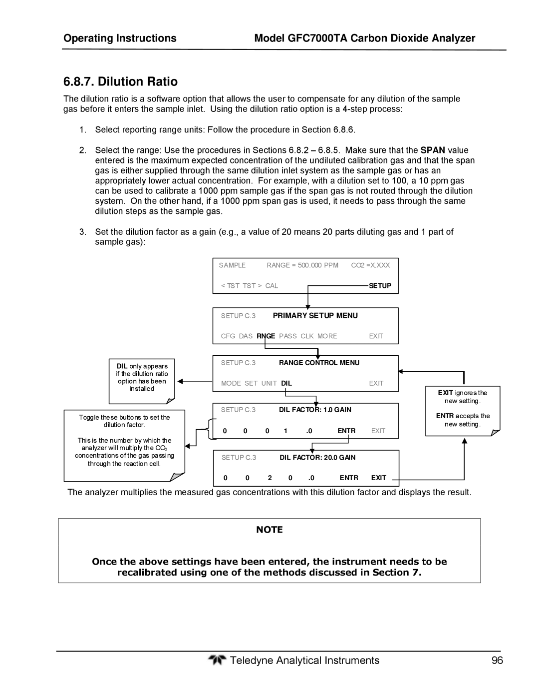 Teledyne gfc 7000ta operation manual Dilution Ratio, Primary Setup Menu 