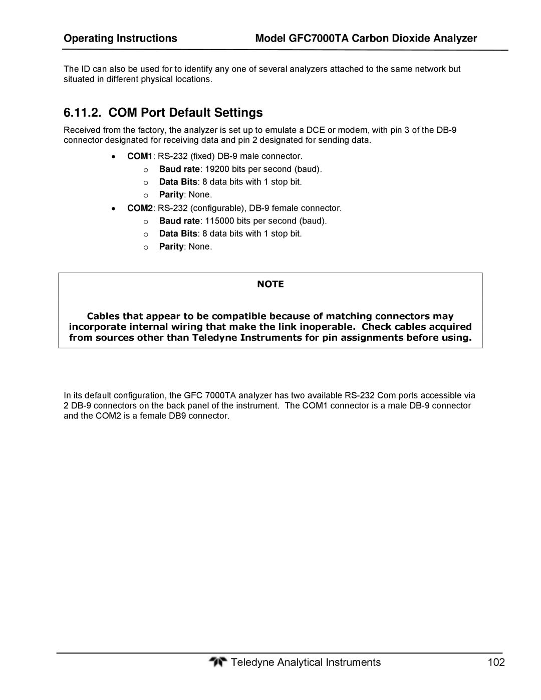 Teledyne gfc 7000ta operation manual COM Port Default Settings 