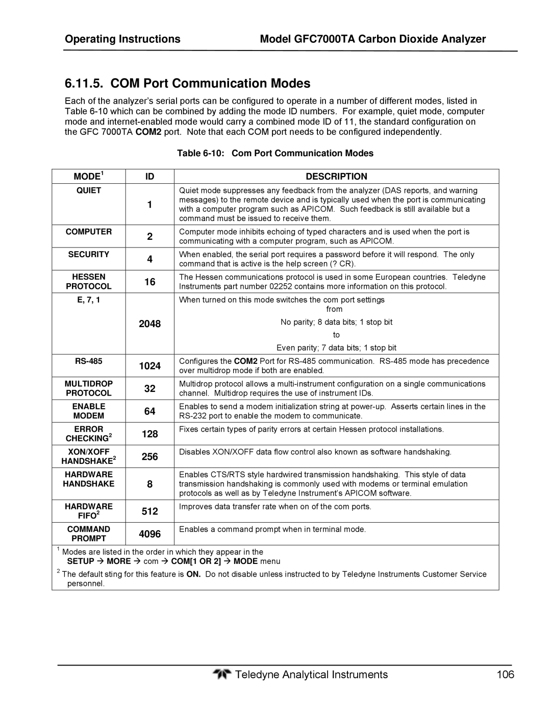 Teledyne gfc 7000ta operation manual COM Port Communication Modes, Com Port Communication Modes, MODE1 Description 