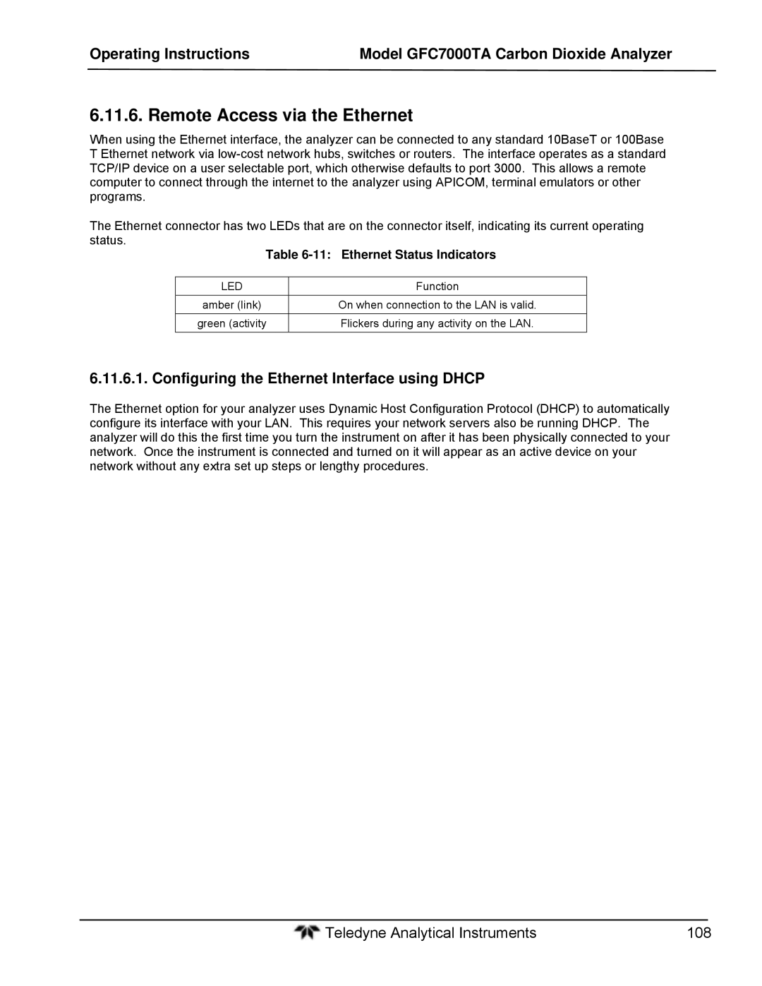 Teledyne gfc 7000ta operation manual Remote Access via the Ethernet, Configuring the Ethernet Interface using Dhcp 