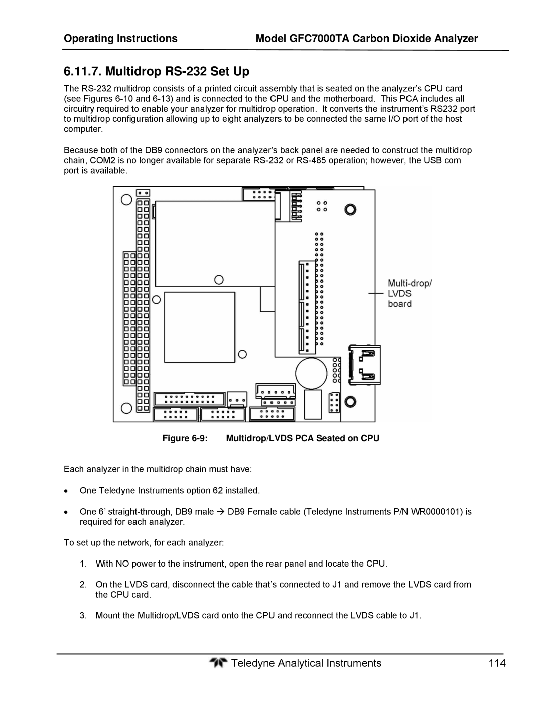 Teledyne gfc 7000ta operation manual Multidrop RS-232 Set Up, Multidrop/LVDS PCA Seated on CPU 