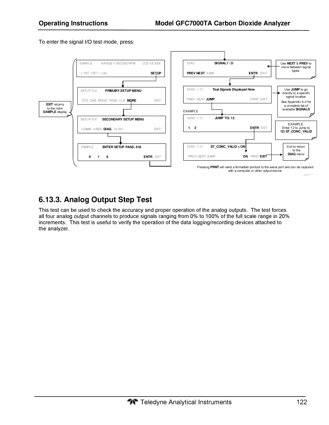 Teledyne gfc 7000ta operation manual Analog Output Step Test, To enter the signal I/O test mode, press 