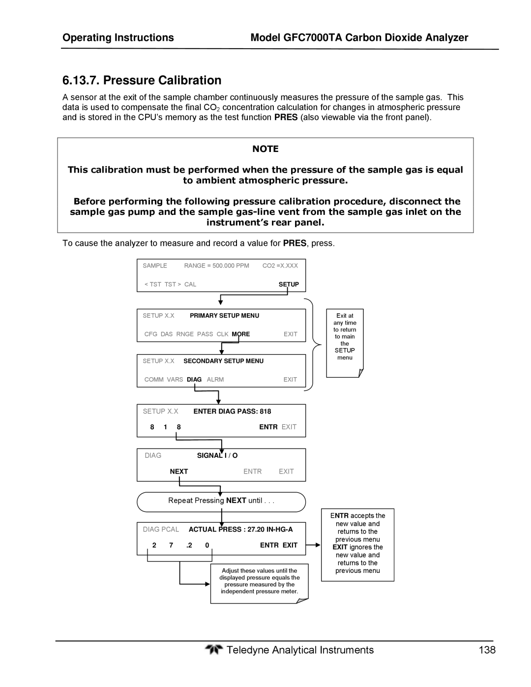 Teledyne gfc 7000ta operation manual Pressure Calibration, Repeat Pressing Next until 
