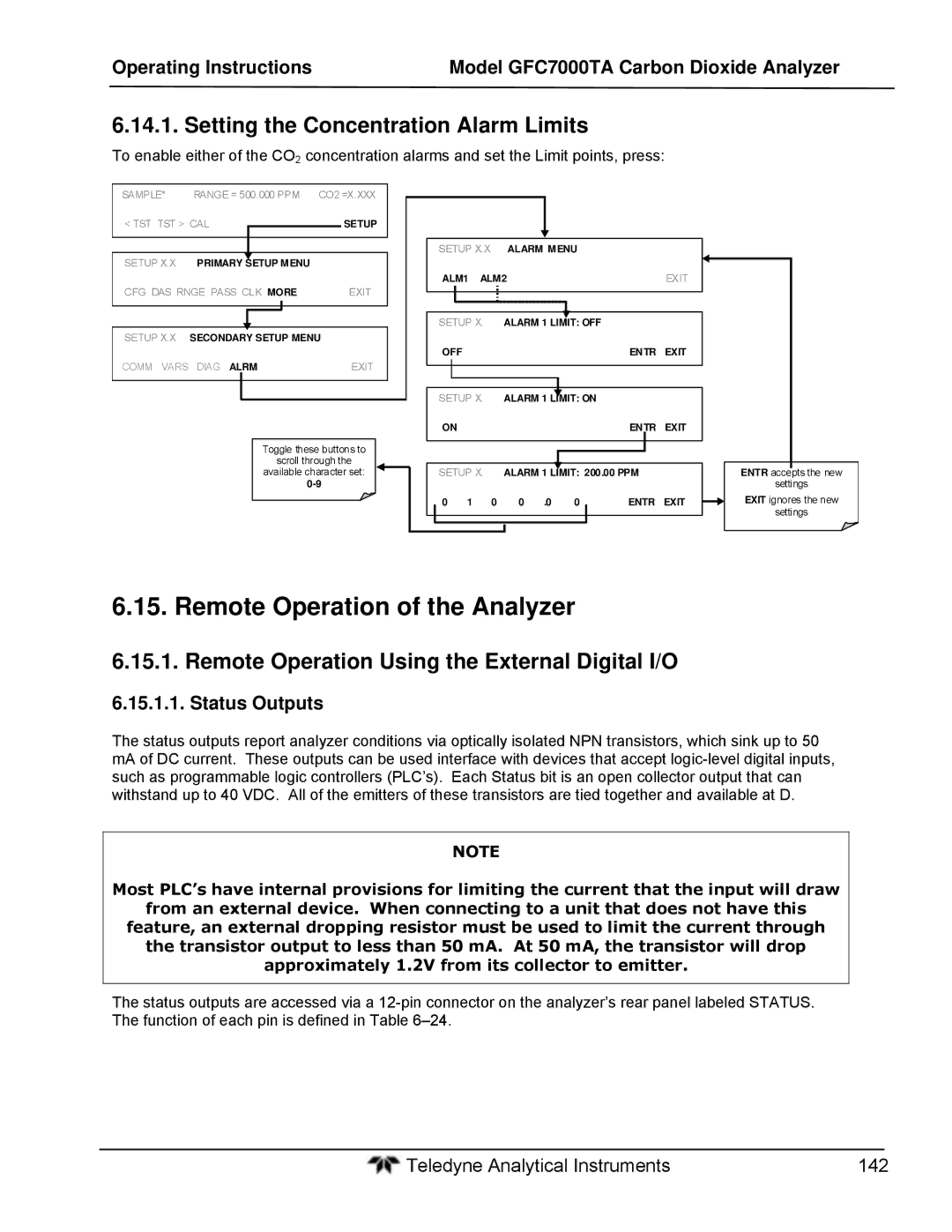 Teledyne gfc 7000ta Remote Operation of the Analyzer, Setting the Concentration Alarm Limits, Status Outputs 