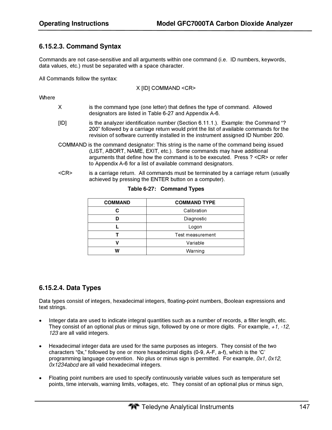 Teledyne gfc 7000ta Data Types, Achieved by pressing the Enter button on a computer, Command Types, Command Command Type 