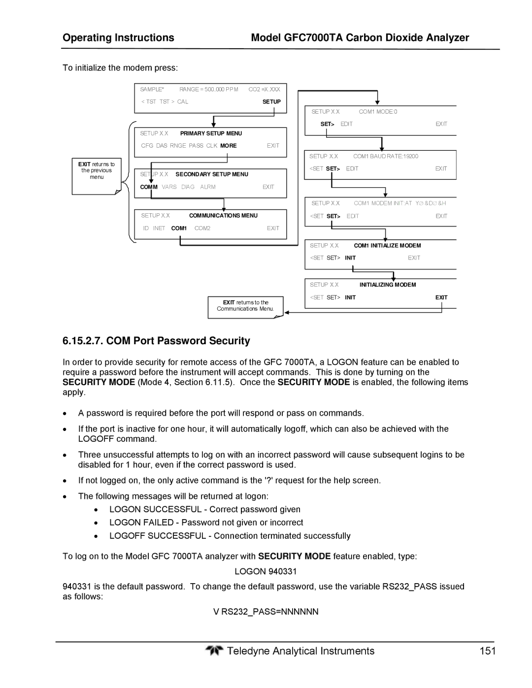 Teledyne gfc 7000ta operation manual COM Port Password Security, To initialize the modem press 