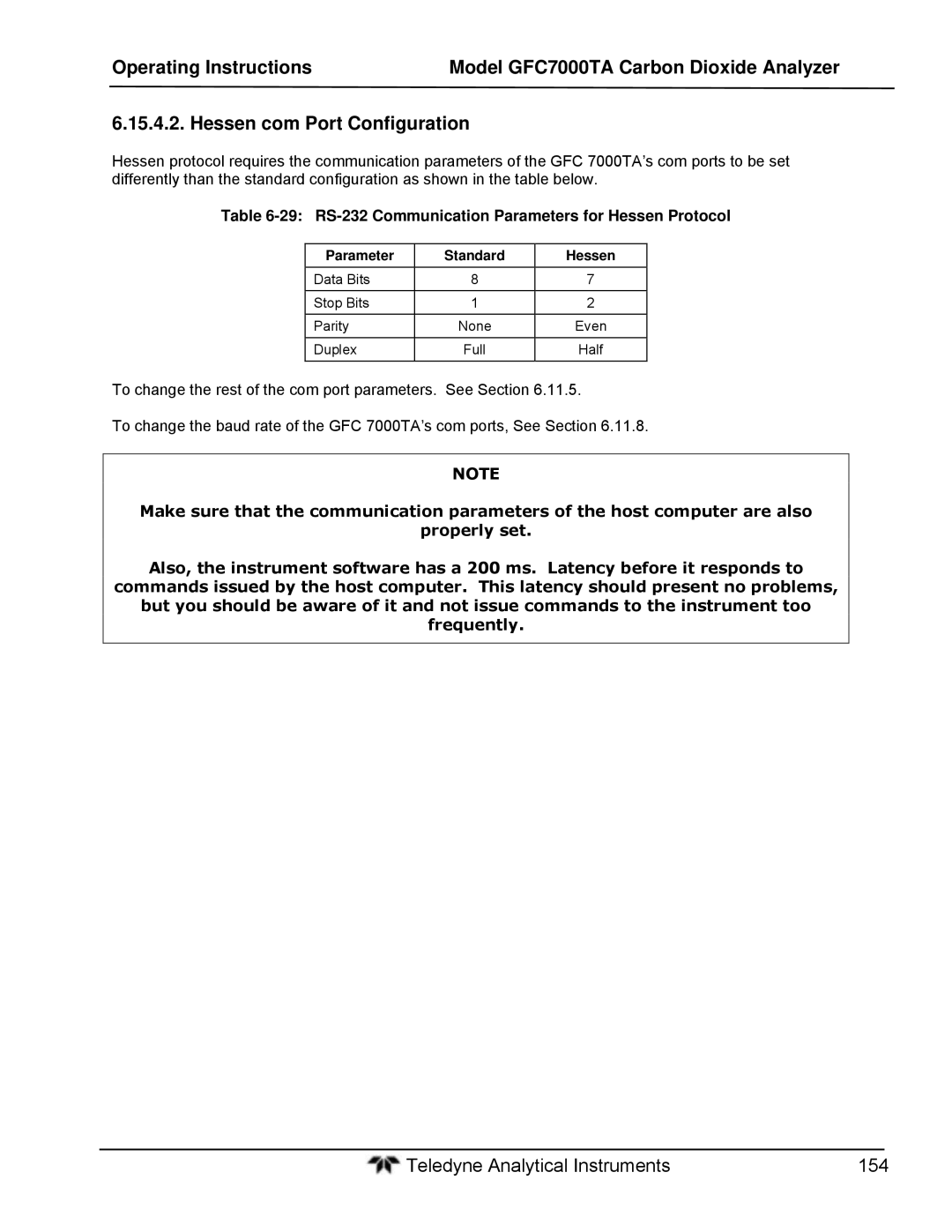 Teledyne gfc 7000ta operation manual 29 RS-232 Communication Parameters for Hessen Protocol 