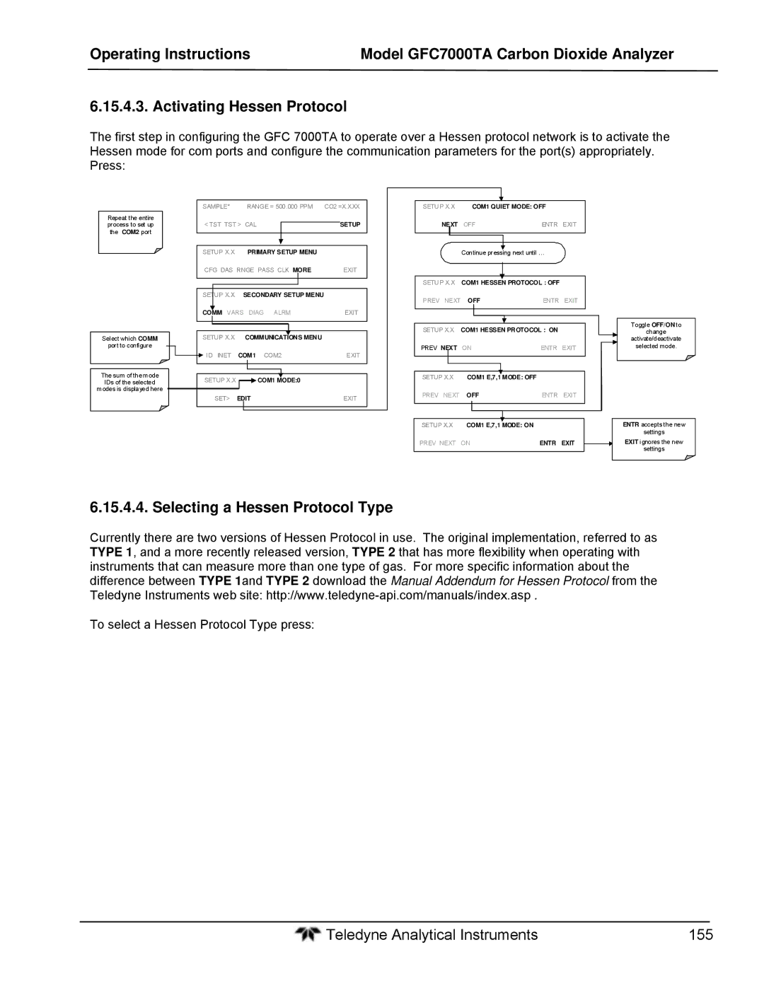 Teledyne gfc 7000ta operation manual Selecting a Hessen Protocol Type, To select a Hessen Protocol Type press 