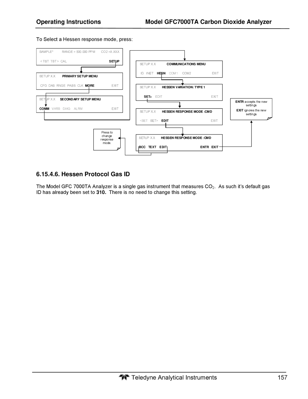 Teledyne gfc 7000ta operation manual Hessen Protocol Gas ID, To Select a Hessen response mode, press 