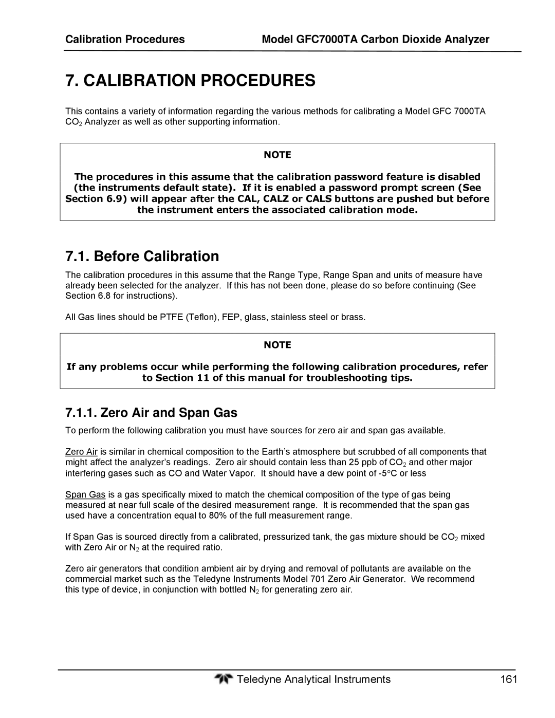 Teledyne gfc 7000ta operation manual Before Calibration, Zero Air and Span Gas 