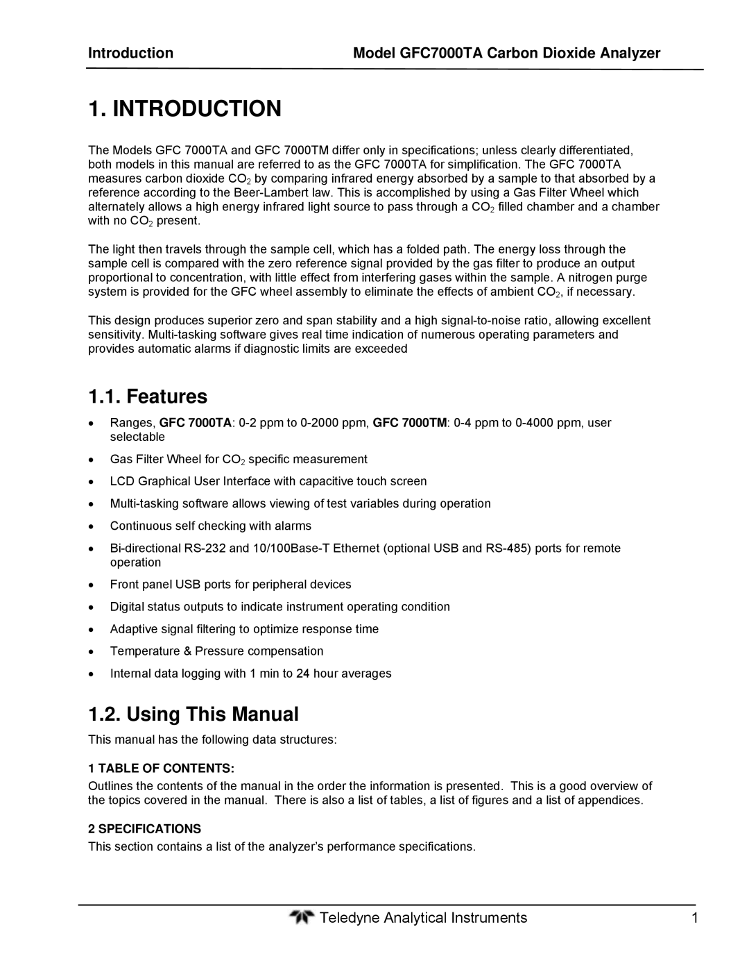 Teledyne gfc 7000ta Features, Using This Manual, Introduction Model GFC7000TA Carbon Dioxide Analyzer, Table of Contents 