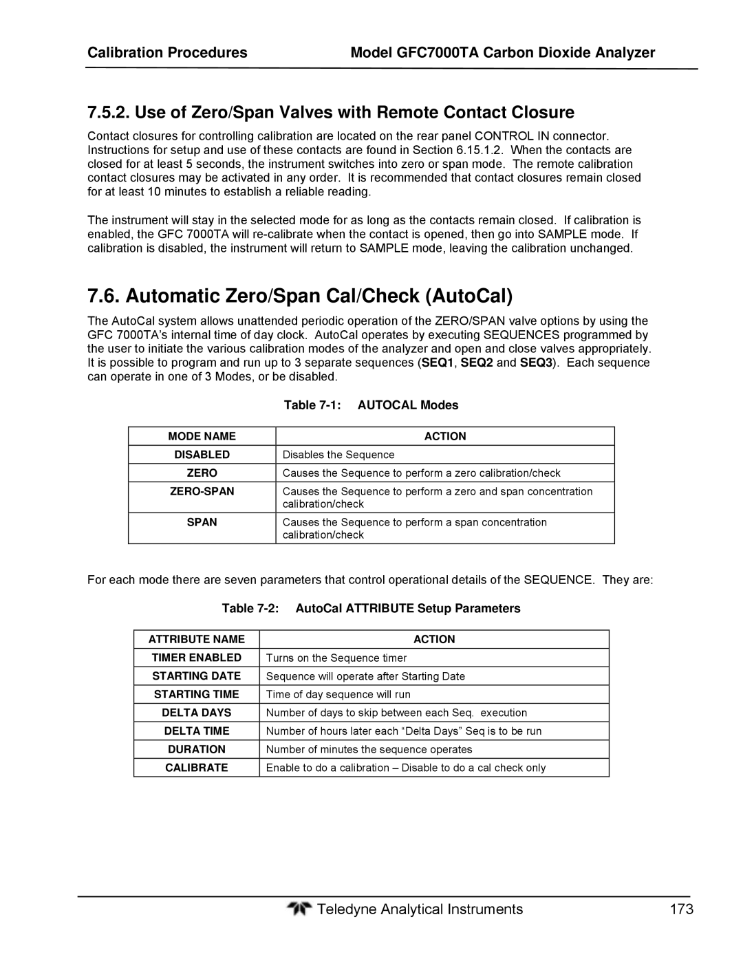 Teledyne gfc 7000ta Automatic Zero/Span Cal/Check AutoCal, Use of Zero/Span Valves with Remote Contact Closure 