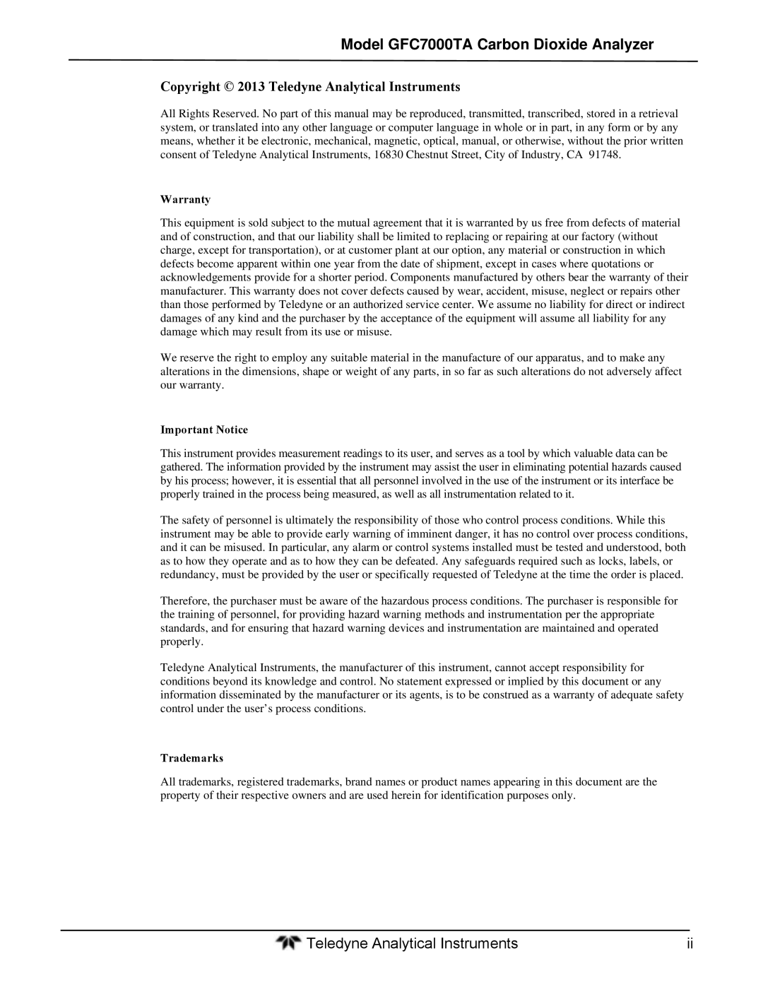 Teledyne gfc 7000ta Model GFC7000TA Carbon Dioxide Analyzer, Copyright 2013 Teledyne Analytical Instruments 