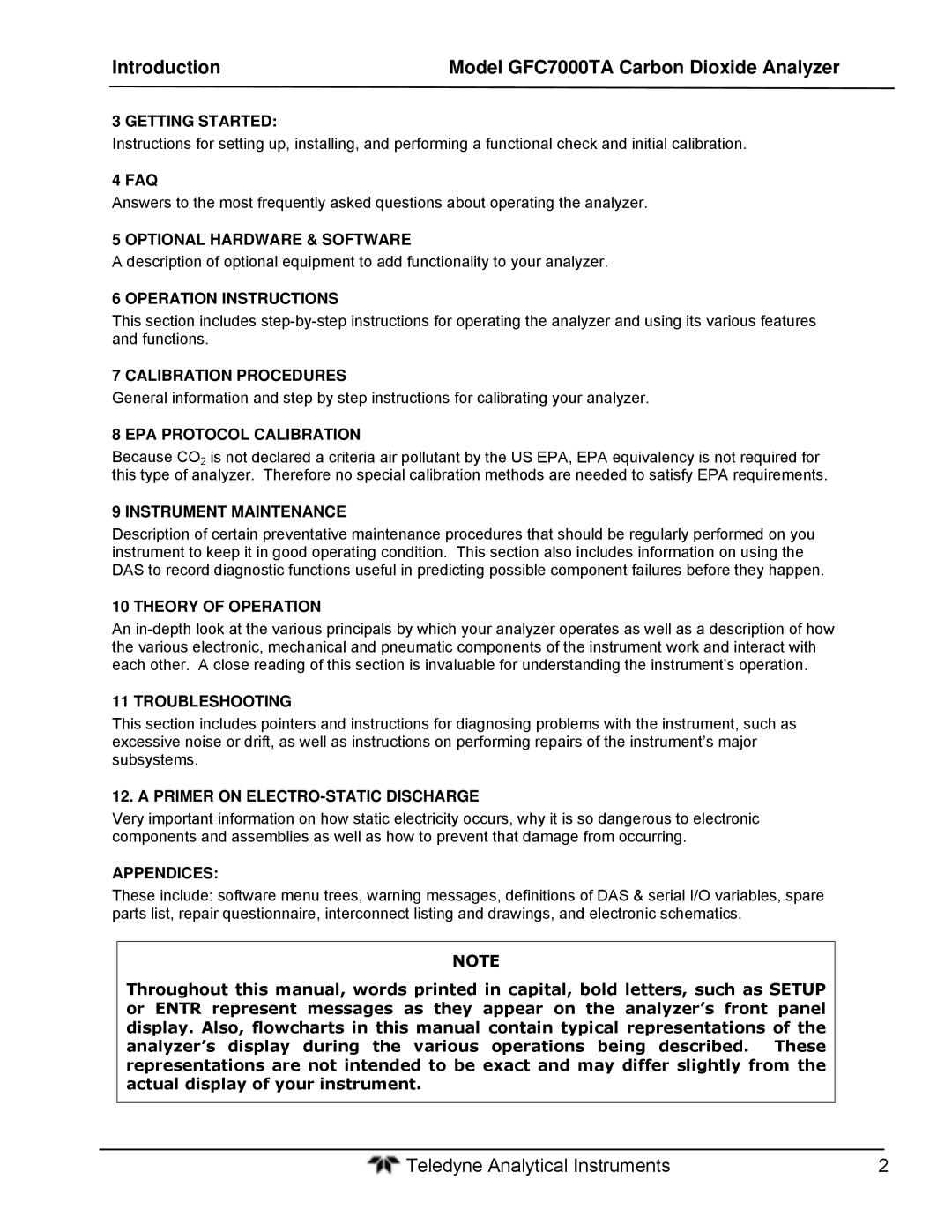 Teledyne gfc 7000ta Getting Started, Faq, Optional Hardware & Software, Operation Instructions, Calibration Procedures 