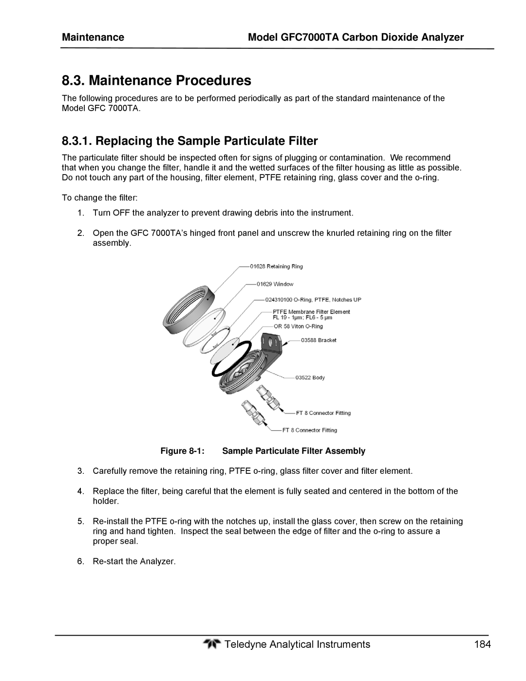 Teledyne gfc 7000ta operation manual Maintenance Procedures, Replacing the Sample Particulate Filter 