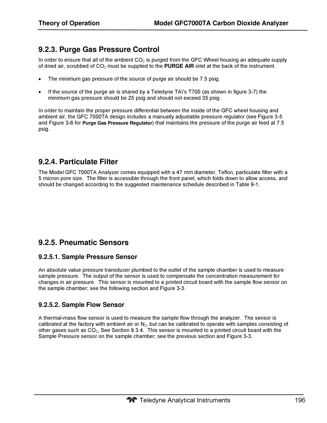 Teledyne gfc 7000ta Purge Gas Pressure Control, Particulate Filter, Pneumatic Sensors, Sample Pressure Sensor 