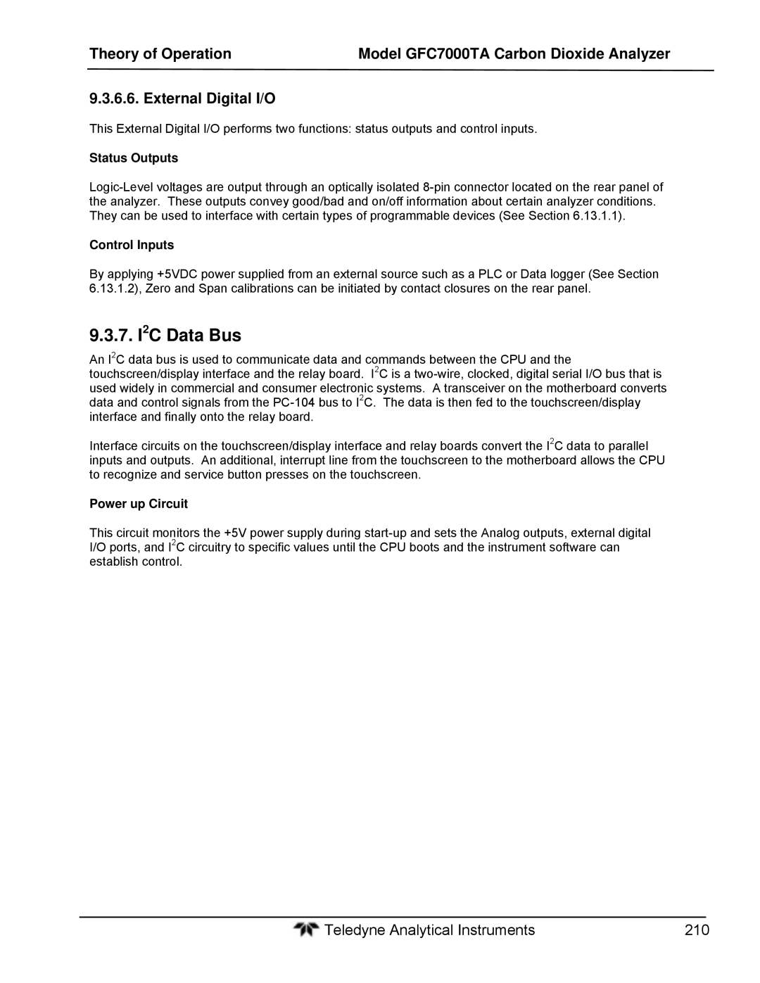 Teledyne gfc 7000ta operation manual 7. I2C Data Bus, Status Outputs, Control Inputs, Power up Circuit 