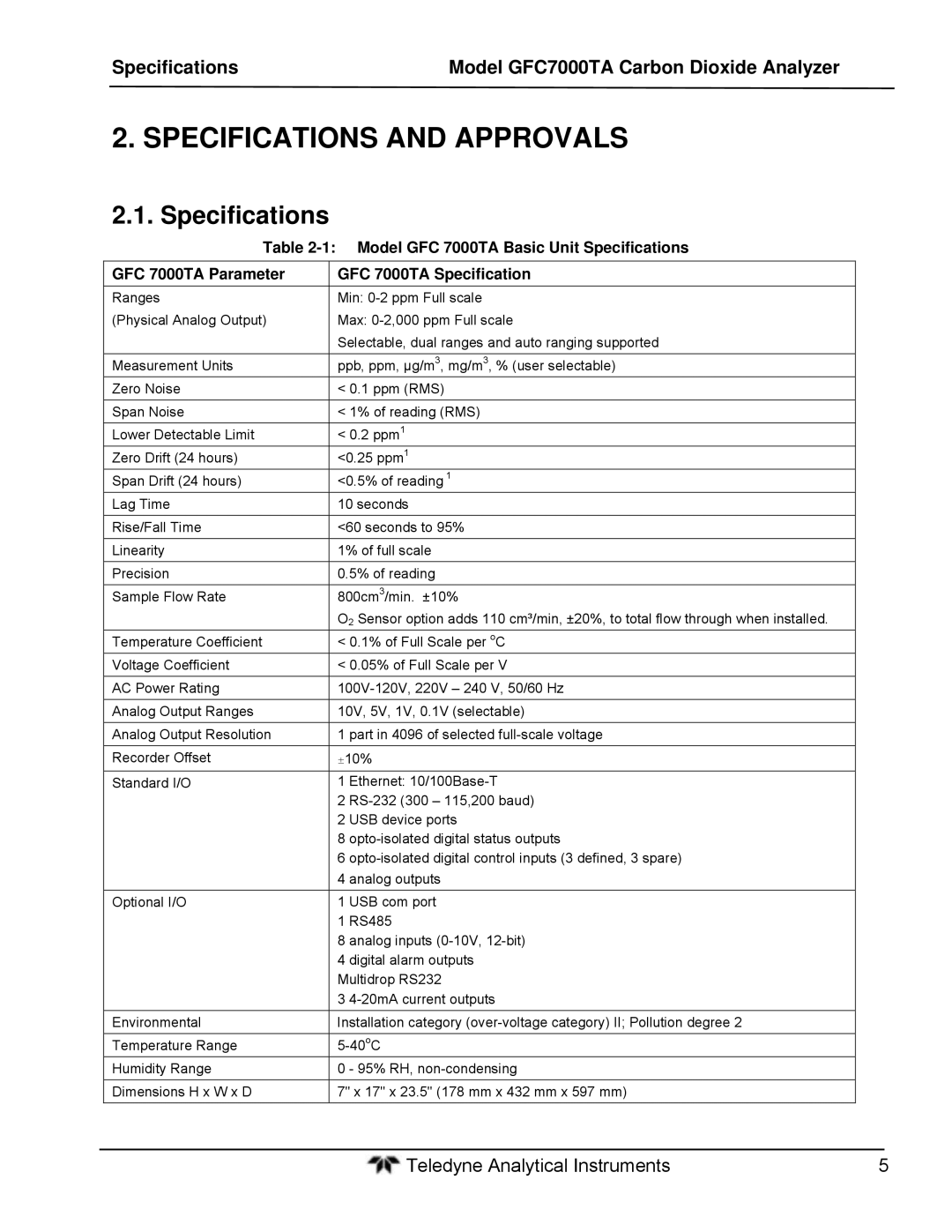 Teledyne gfc 7000ta Specifications Model GFC7000TA Carbon Dioxide Analyzer, Model GFC 7000TA Basic Unit Specifications 