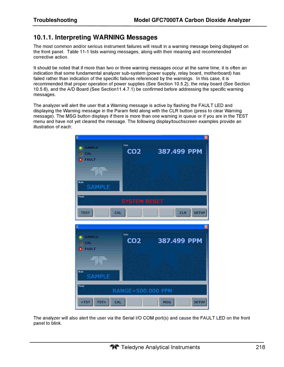 Teledyne gfc 7000ta operation manual Interpreting Warning Messages 