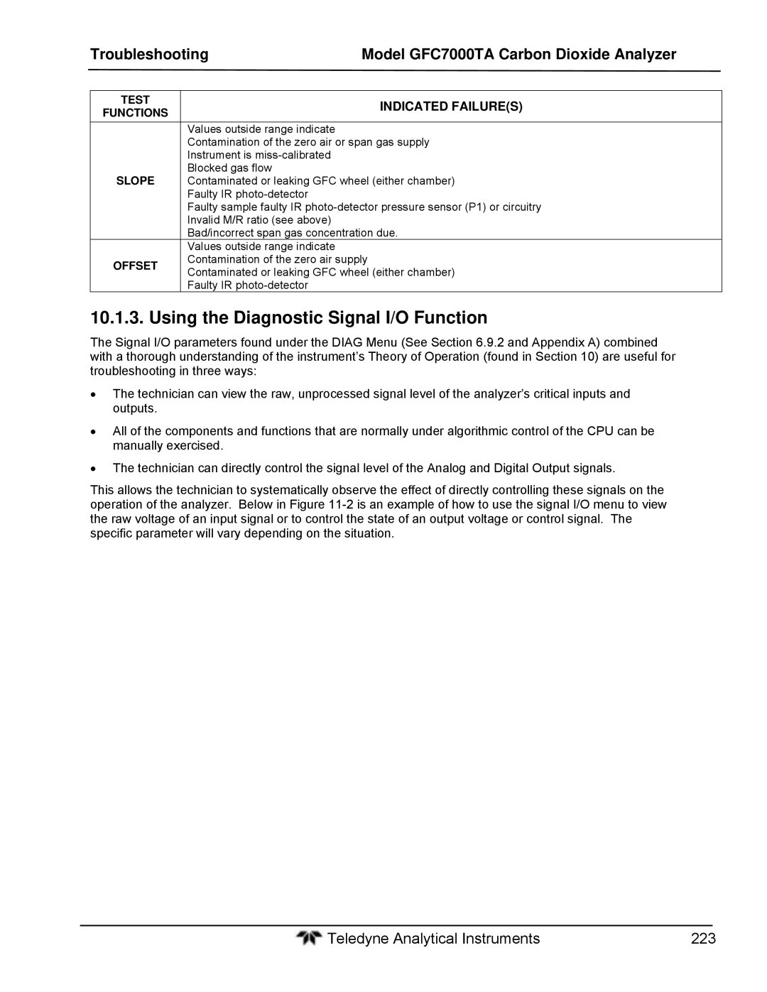 Teledyne gfc 7000ta operation manual Using the Diagnostic Signal I/O Function, Test Functions Slope Offset 