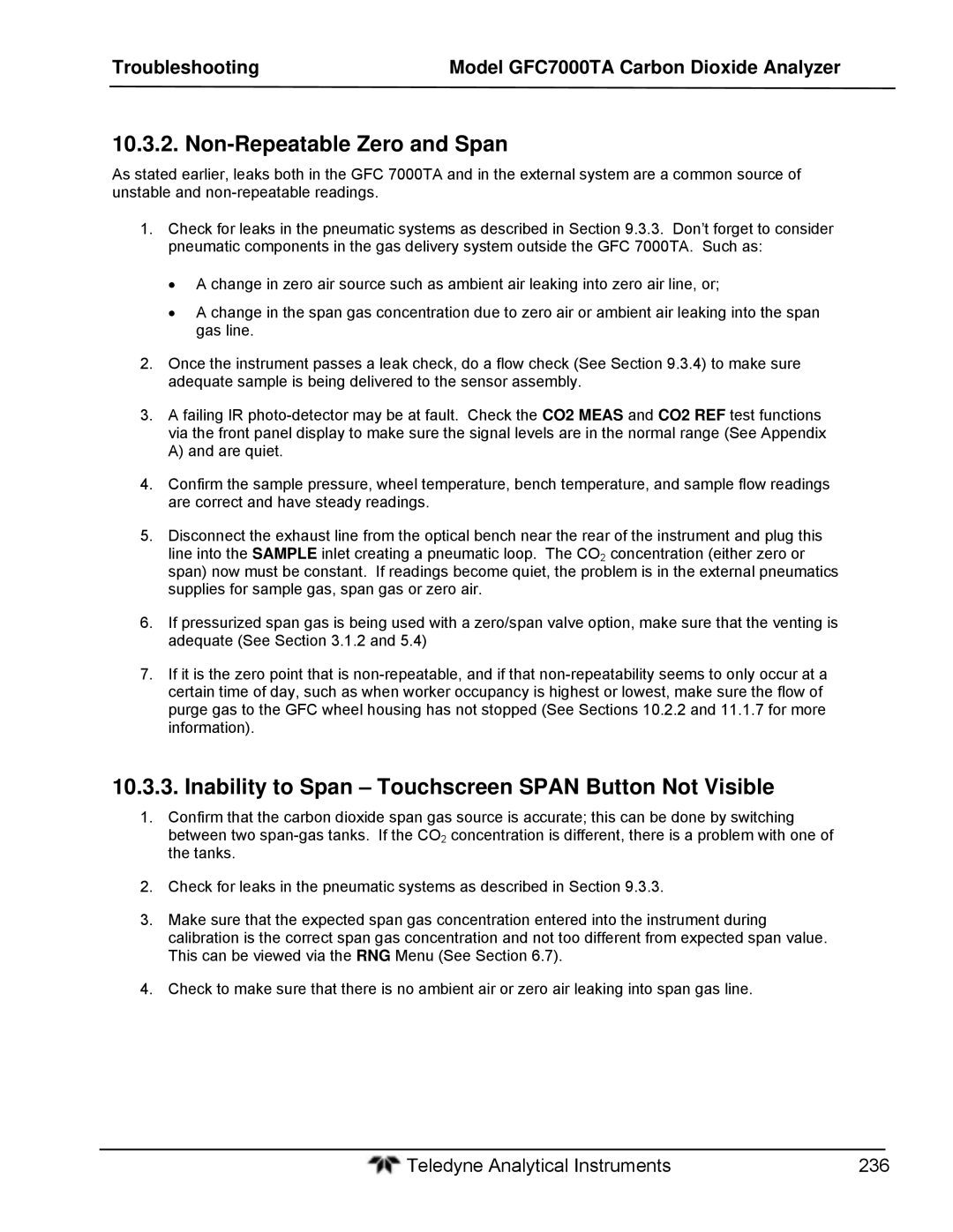 Teledyne gfc 7000ta operation manual Non-Repeatable Zero and Span, Inability to Span Touchscreen Span Button Not Visible 