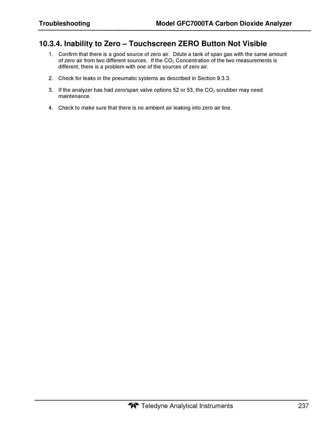 Teledyne gfc 7000ta operation manual Inability to Zero Touchscreen Zero Button Not Visible 