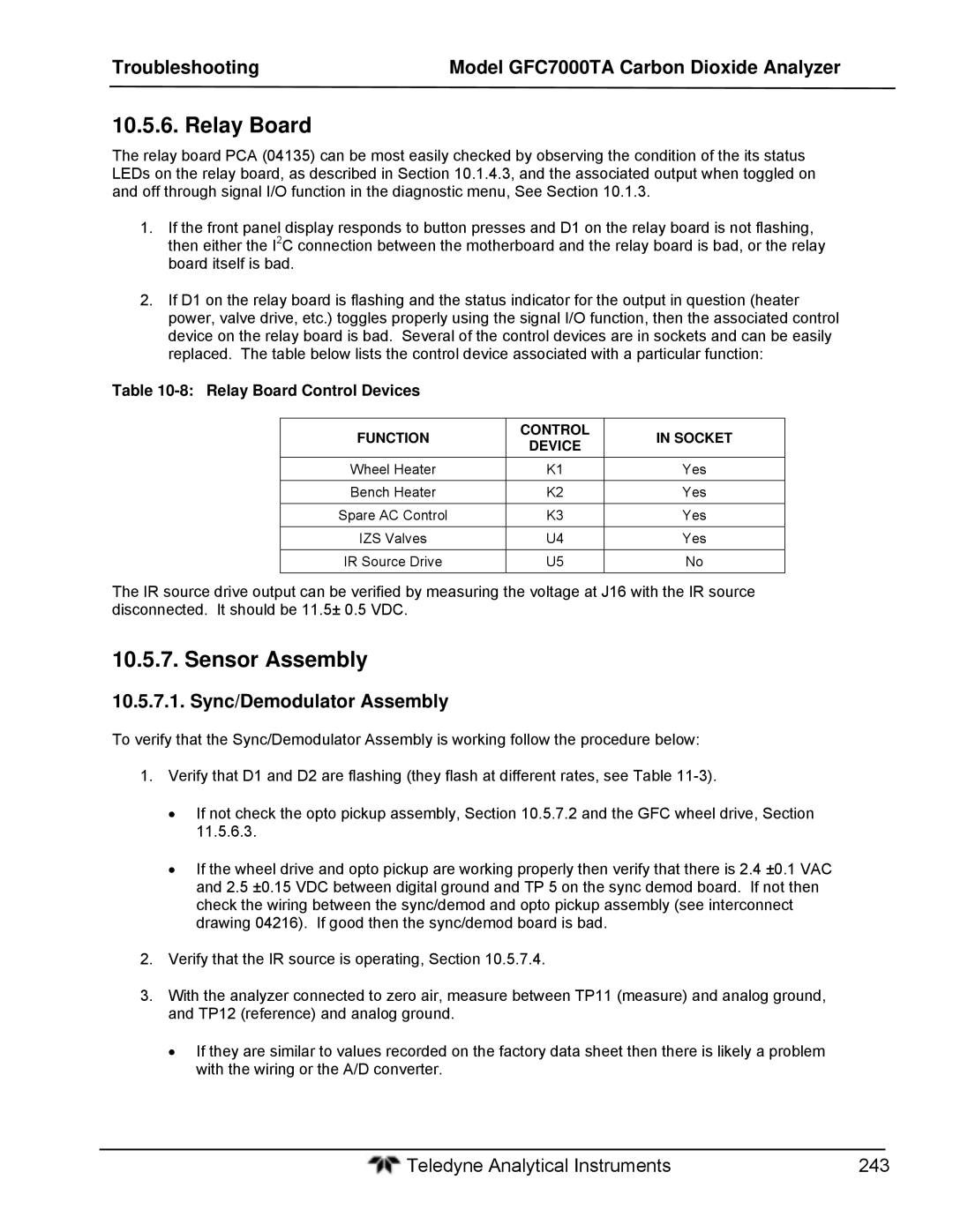 Teledyne gfc 7000ta operation manual Sensor Assembly, Sync/Demodulator Assembly, Relay Board Control Devices 