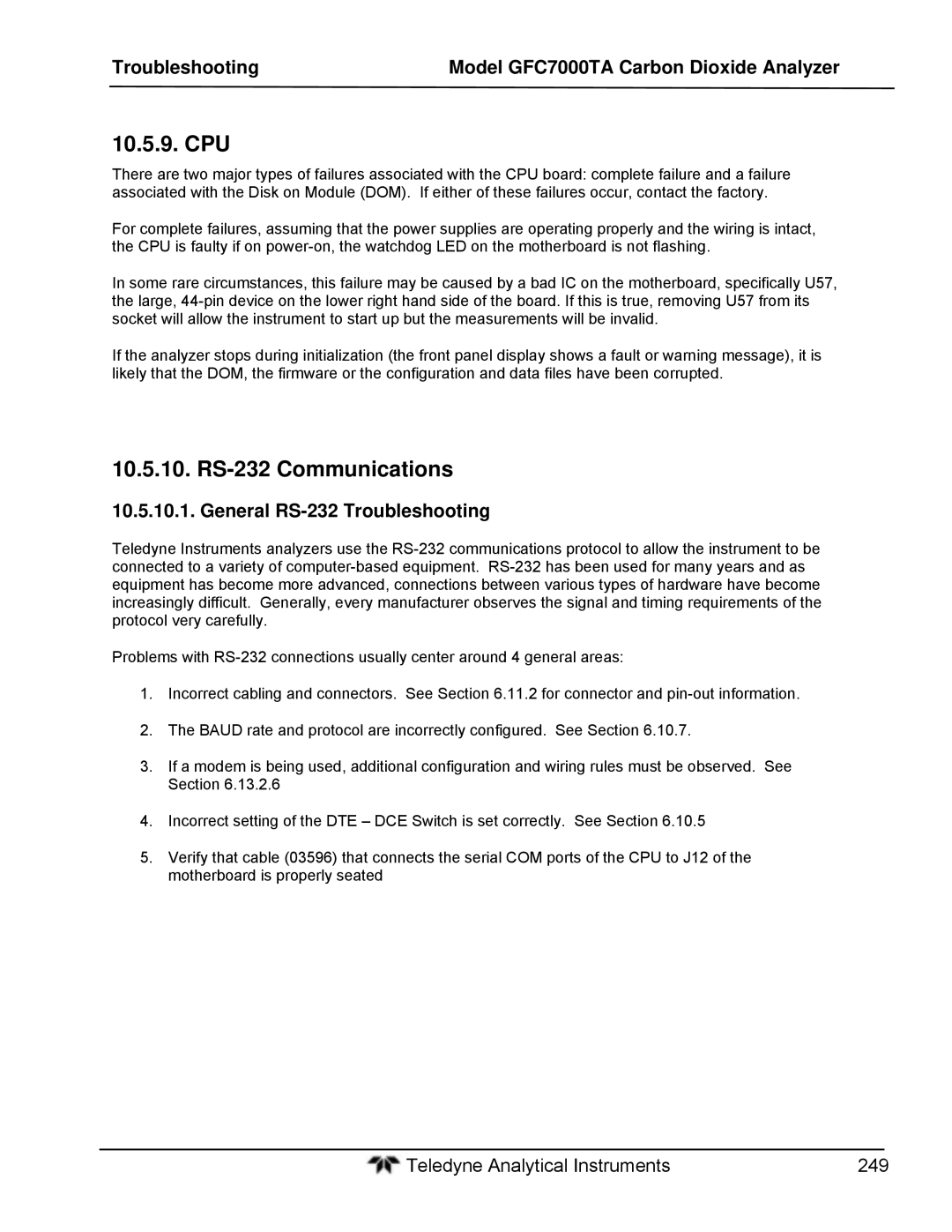 Teledyne gfc 7000ta operation manual RS-232 Communications, General RS-232 Troubleshooting 