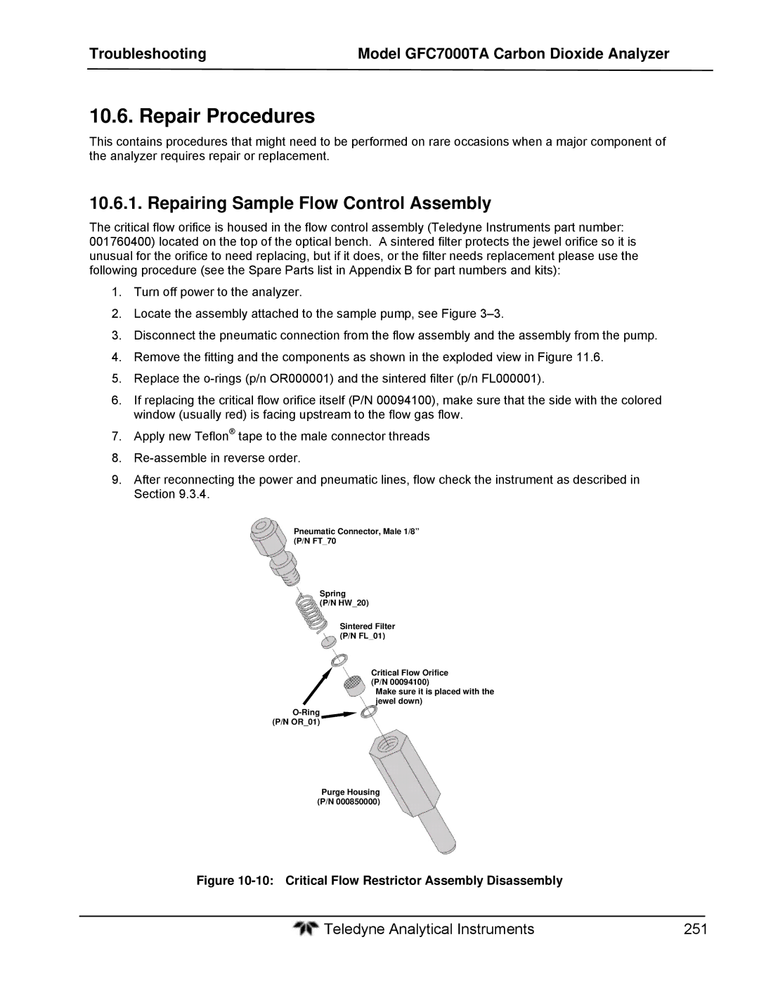 Teledyne gfc 7000ta operation manual Repair Procedures, Repairing Sample Flow Control Assembly 