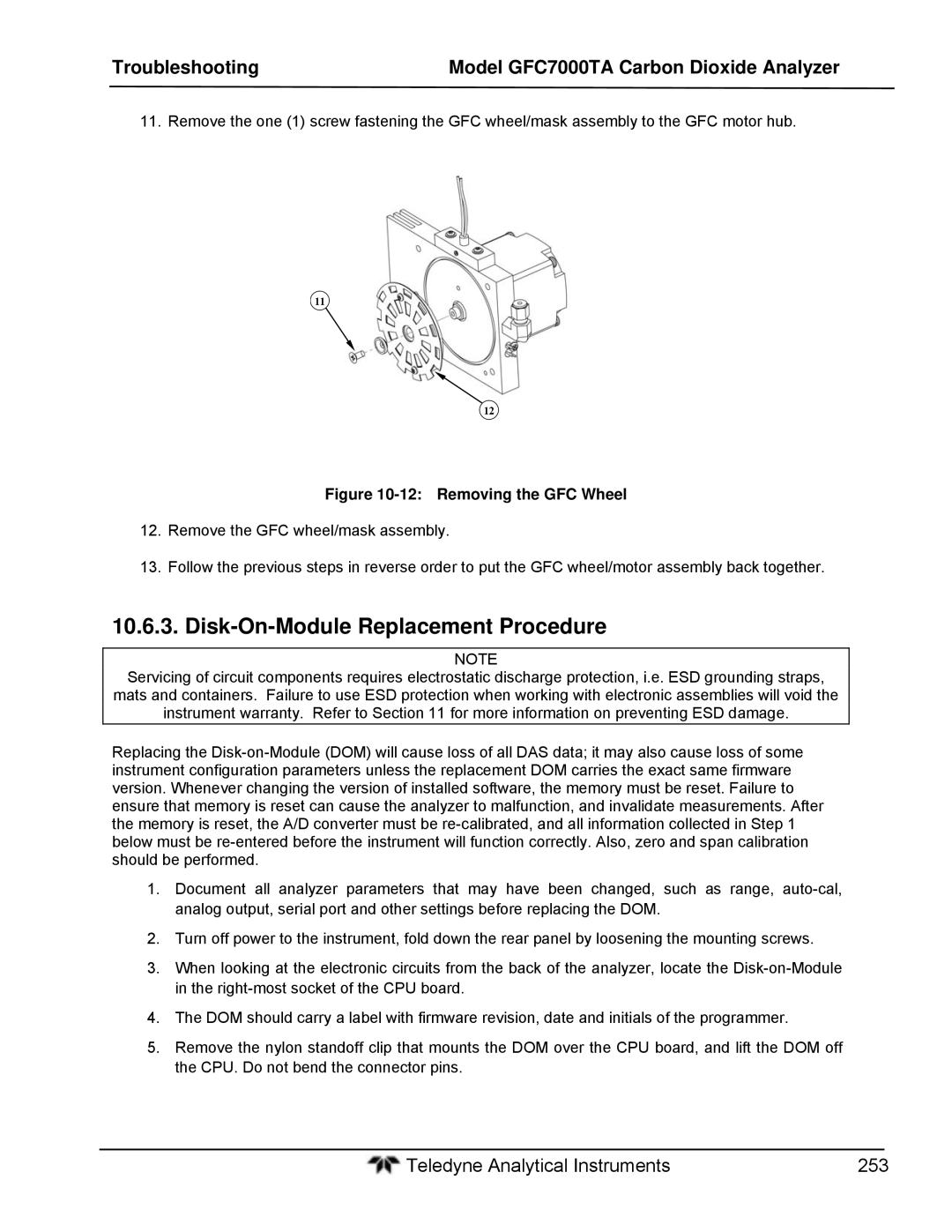 Teledyne gfc 7000ta operation manual Disk-On-Module Replacement Procedure, Removing the GFC Wheel 