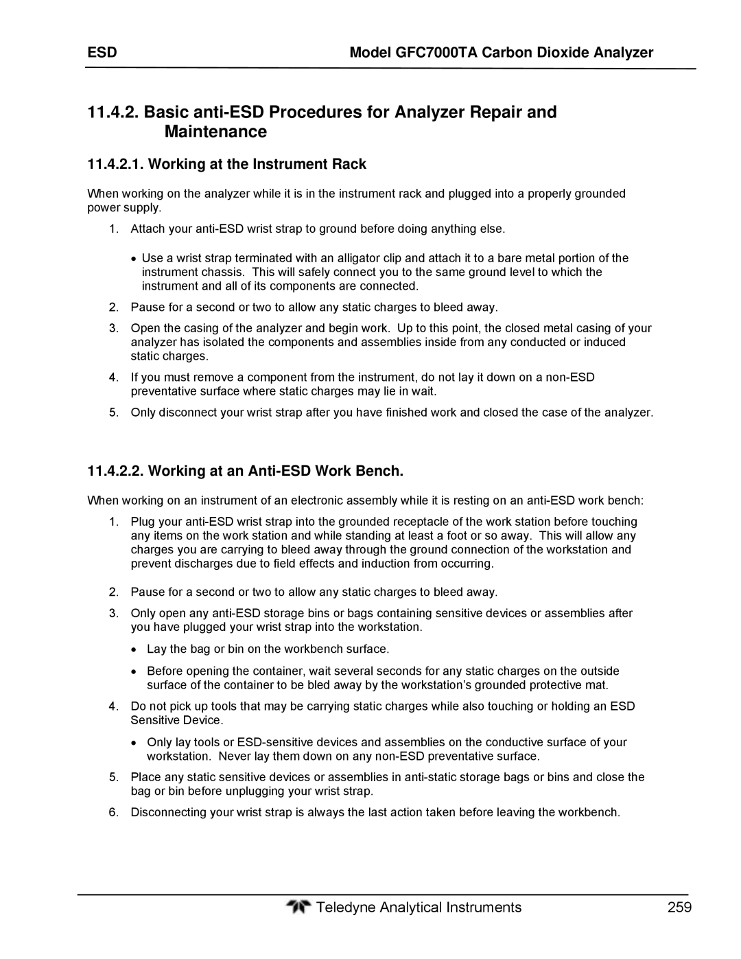 Teledyne gfc 7000ta operation manual Working at the Instrument Rack, Working at an Anti-ESD Work Bench 