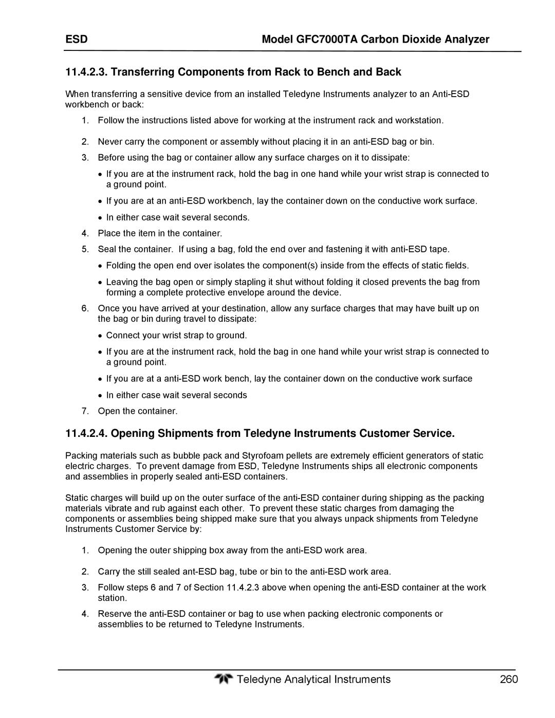 Teledyne gfc 7000ta operation manual Transferring Components from Rack to Bench and Back 