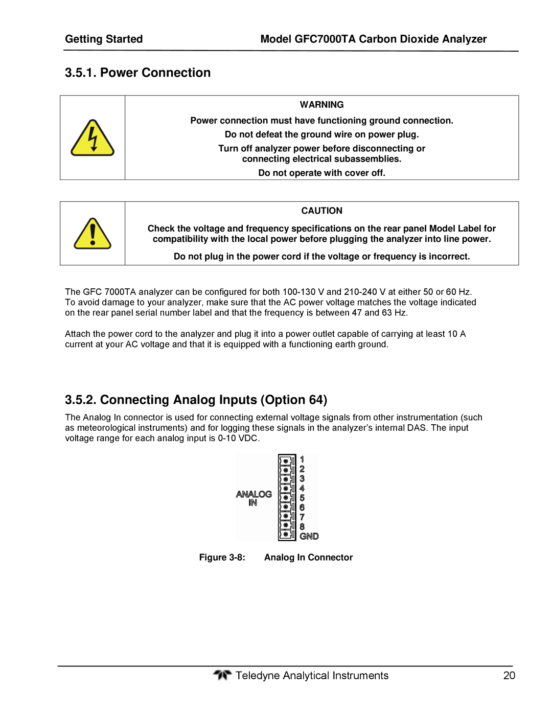 Teledyne gfc 7000ta operation manual Power Connection, Connecting Analog Inputs Option 