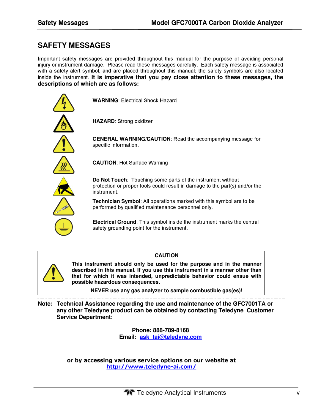 Teledyne gfc 7000ta operation manual Safety Messages Model GFC7000TA Carbon Dioxide Analyzer 