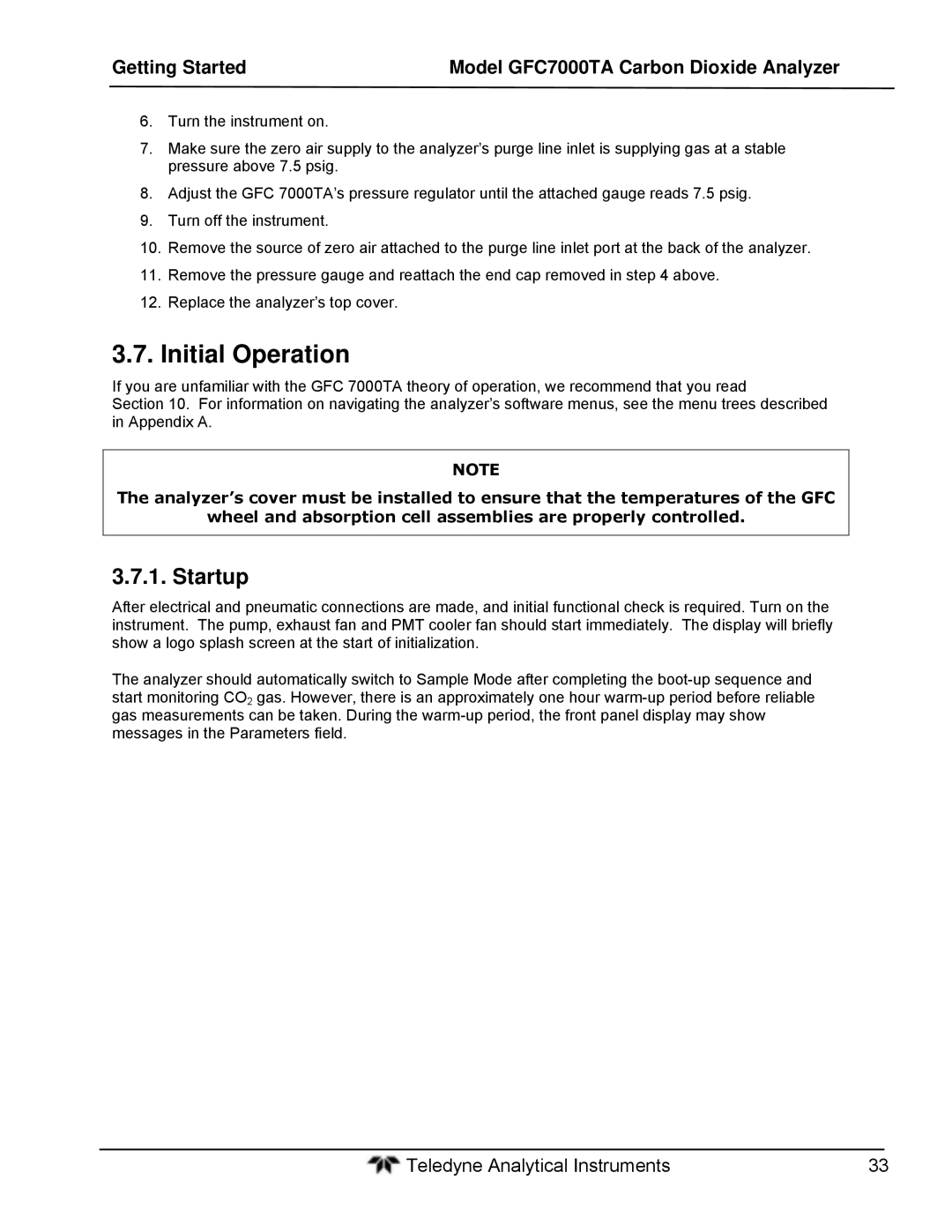 Teledyne gfc 7000ta operation manual Initial Operation, Startup 