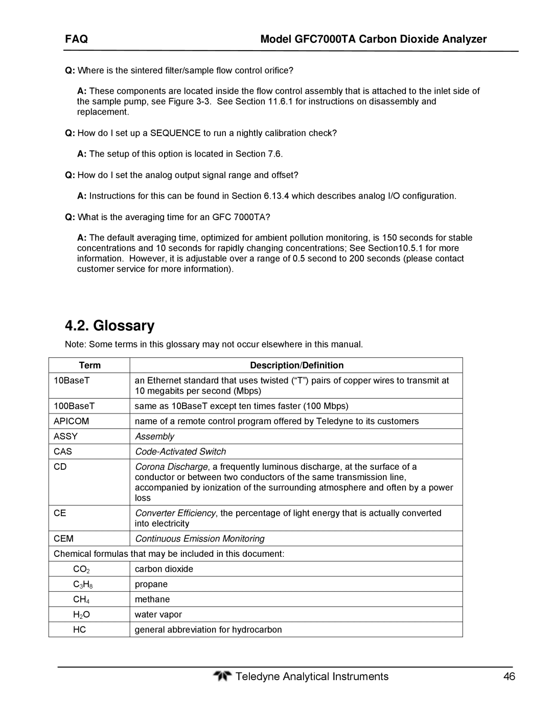 Teledyne gfc 7000ta operation manual Glossary, Term Description/Definition 