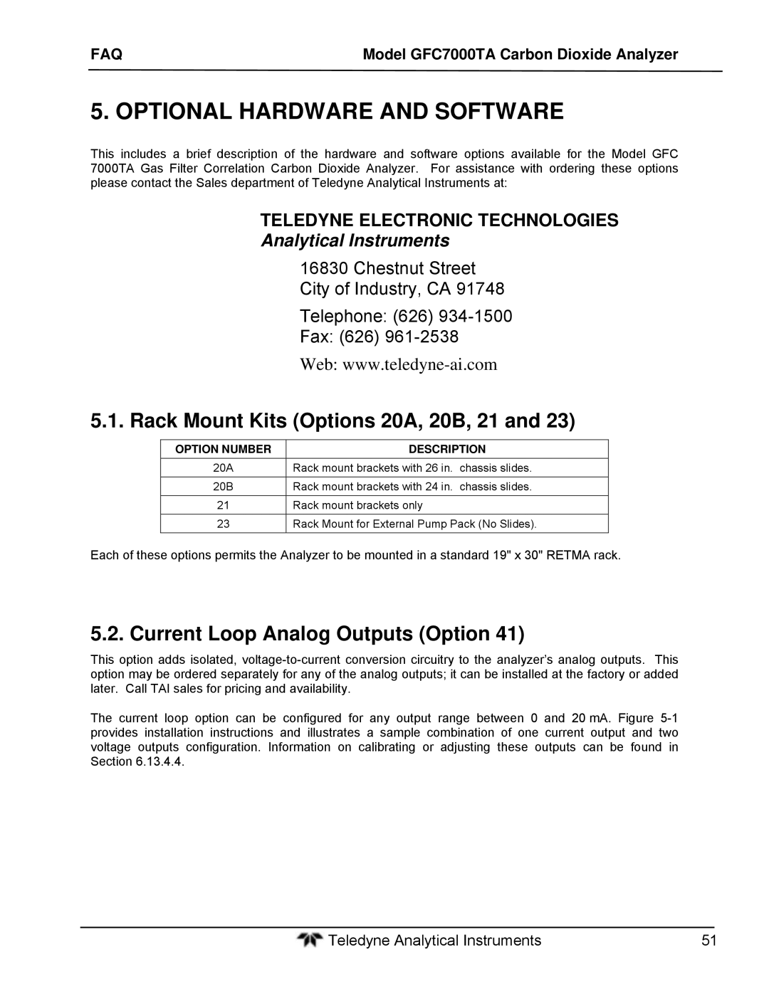 Teledyne gfc 7000ta Rack Mount Kits Options 20A, 20B, 21, Current Loop Analog Outputs Option, Option Number Description 