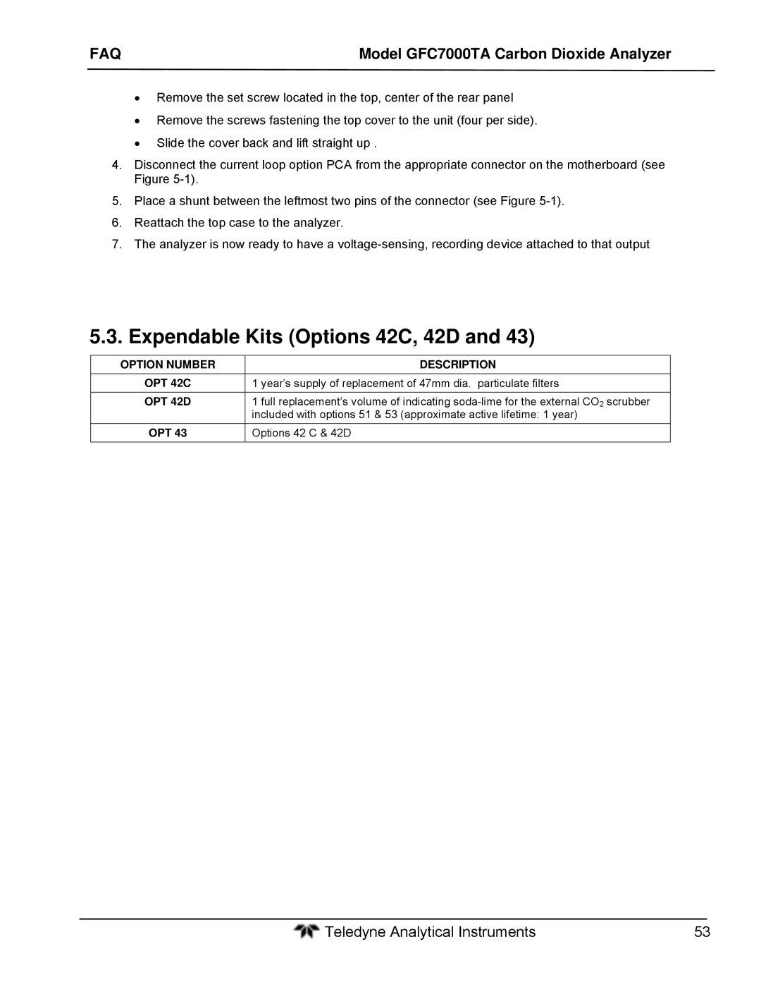 Teledyne gfc 7000ta operation manual Expendable Kits Options 42C, 42D, Option Number Description OPT 42C, OPT 42D 