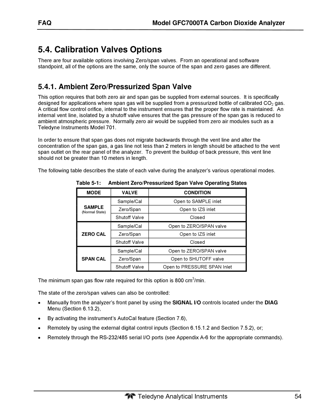 Teledyne gfc 7000ta operation manual Calibration Valves Options, Ambient Zero/Pressurized Span Valve 