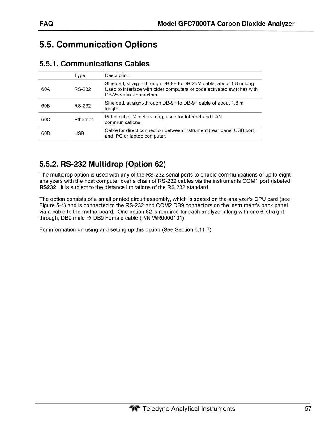 Teledyne gfc 7000ta operation manual Communication Options, Communications Cables, RS-232 Multidrop Option 