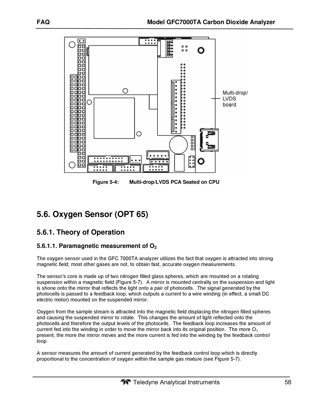 Teledyne gfc 7000ta operation manual Oxygen Sensor OPT, Theory of Operation, Paramagnetic measurement of O2 