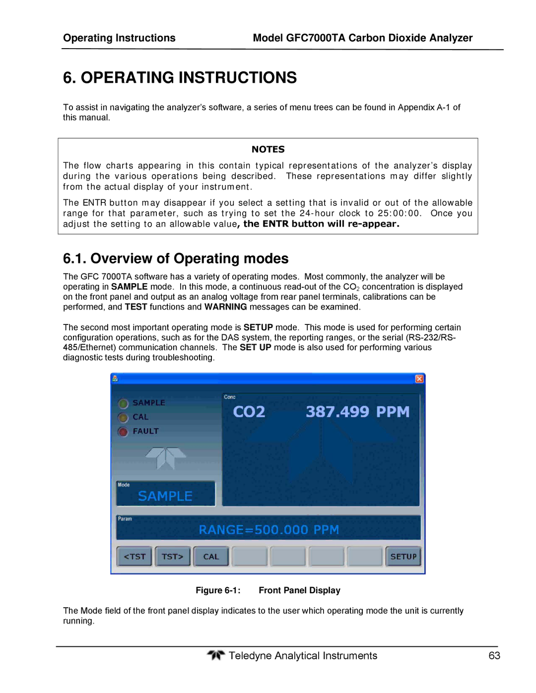 Teledyne gfc 7000ta operation manual Overview of Operating modes, Front Panel Display 