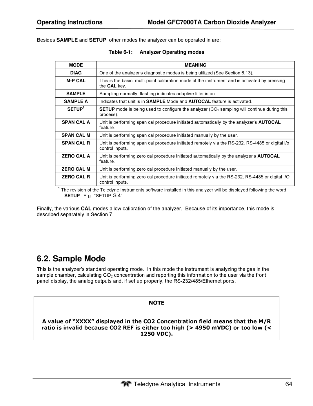 Teledyne gfc 7000ta operation manual Sample Mode, Analyzer Operating modes, Meaning 