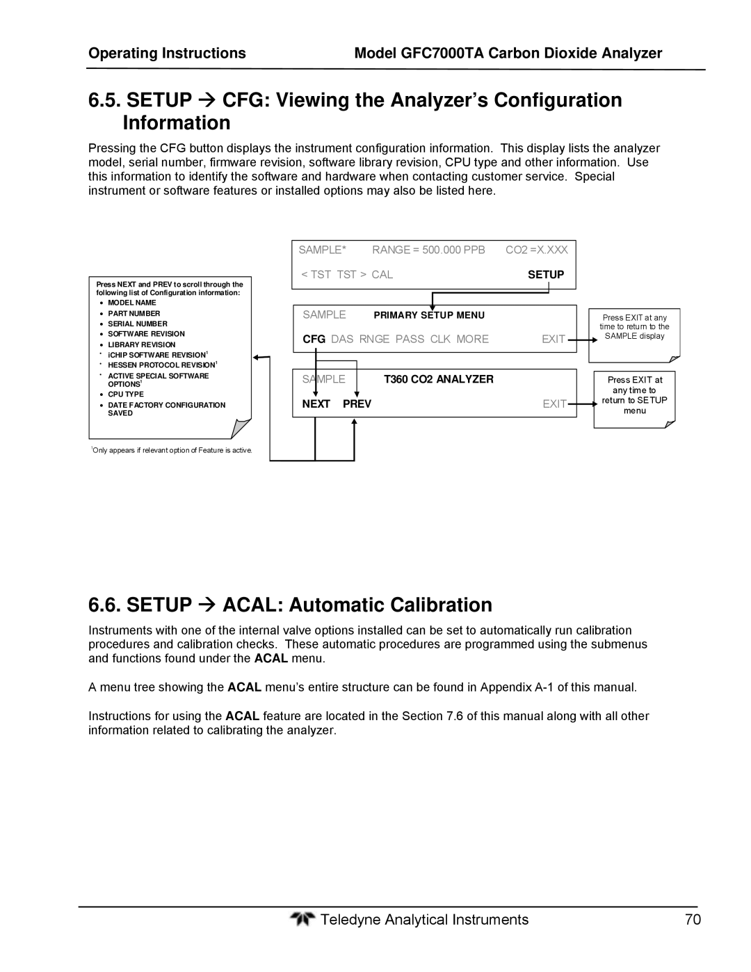 Teledyne gfc 7000ta Setup  CFG Viewing the Analyzer’s Configuration Information, Setup  Acal Automatic Calibration 